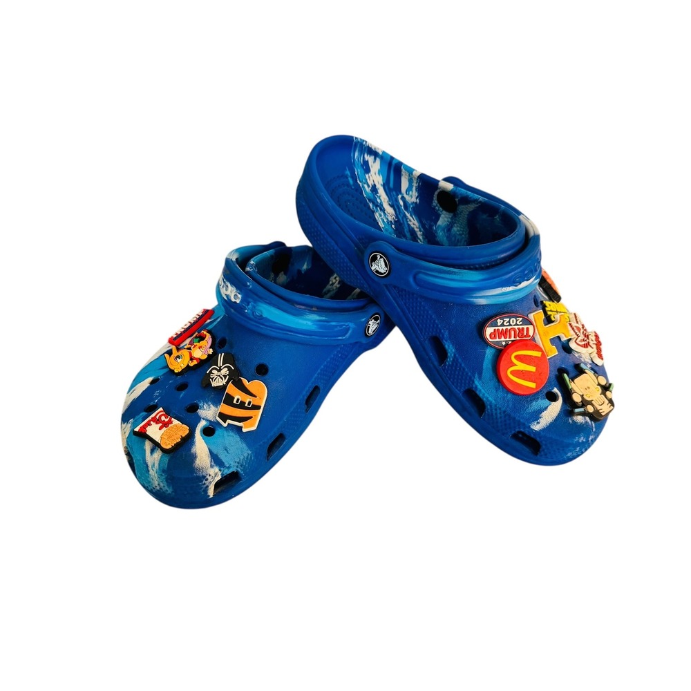 Crocs‎ Kids Classic Clog Blue White Camo Marble Swirl Jibbitz Charms Size M4 W6